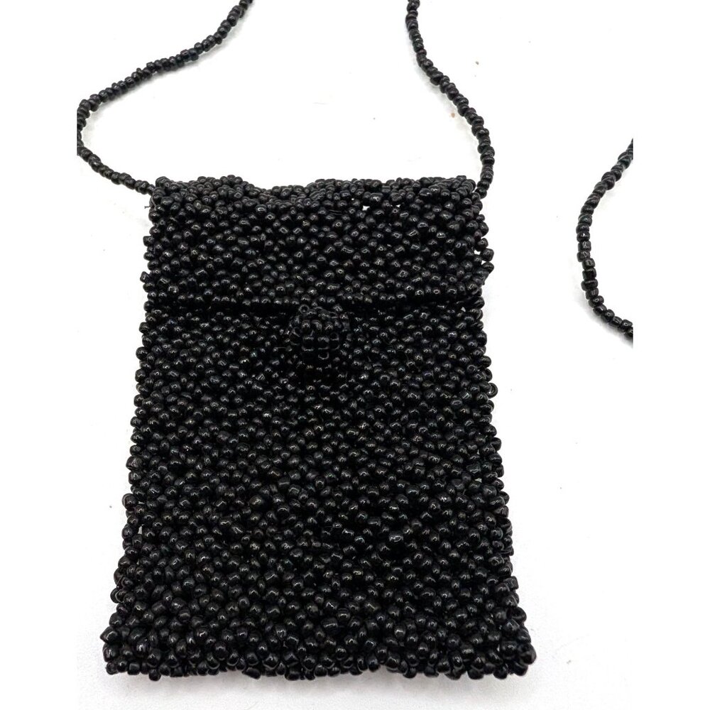Vtg Handmade Black Beaded Mini Crossbody Bag  4"x3" Size - Picture 2 of 9